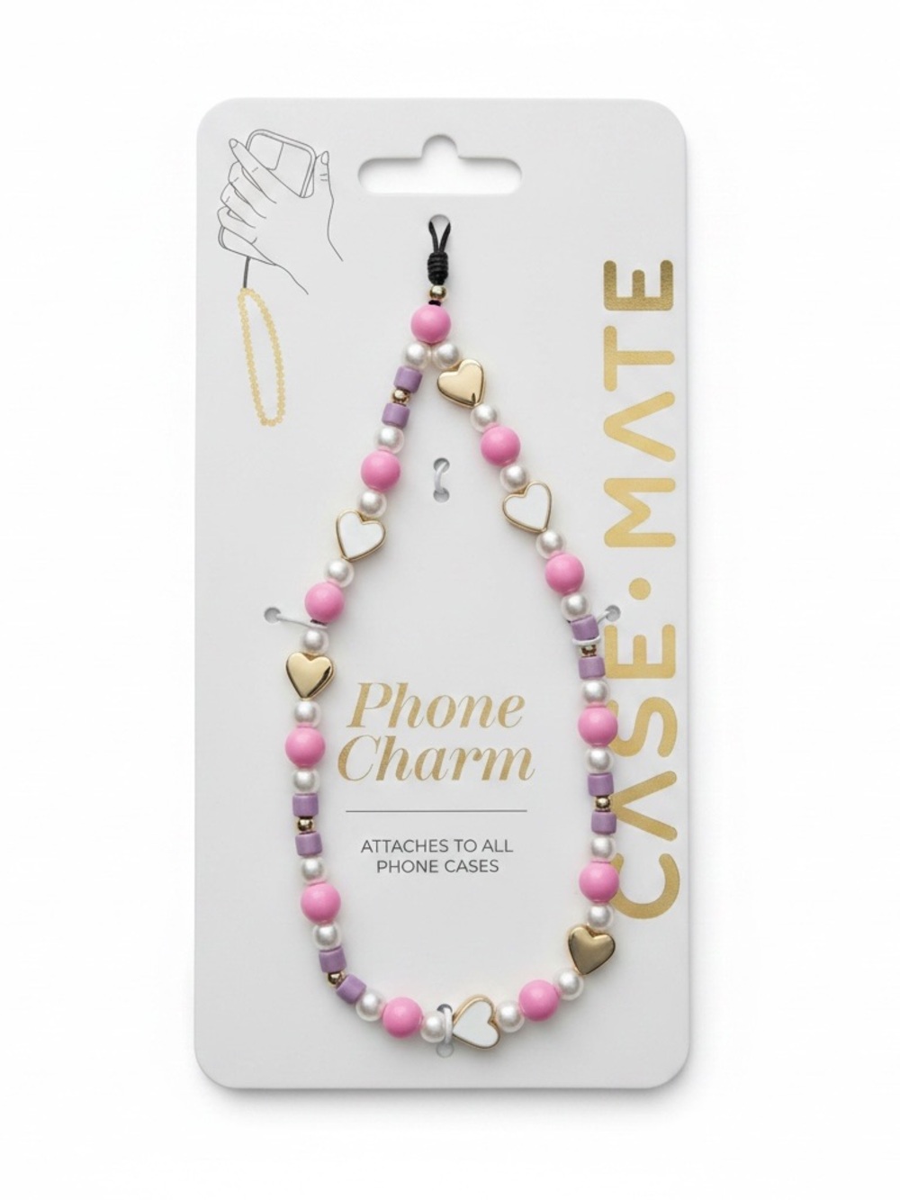 NWT Case-Mate Beaded Phone Charm Pink & Gold Heart Feminine Gift Fits All Phones